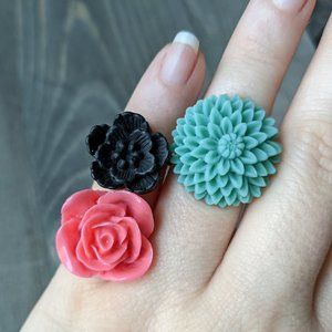 Floral Resin Rings Set of 3 - Pink Rose, Black Cherry Blossom, Blueish-green Mum